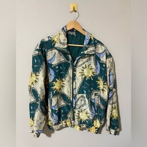 Vintage Sun and Moon Teal Zodiac Silk Full Zip Lightweight Windbreaker‎